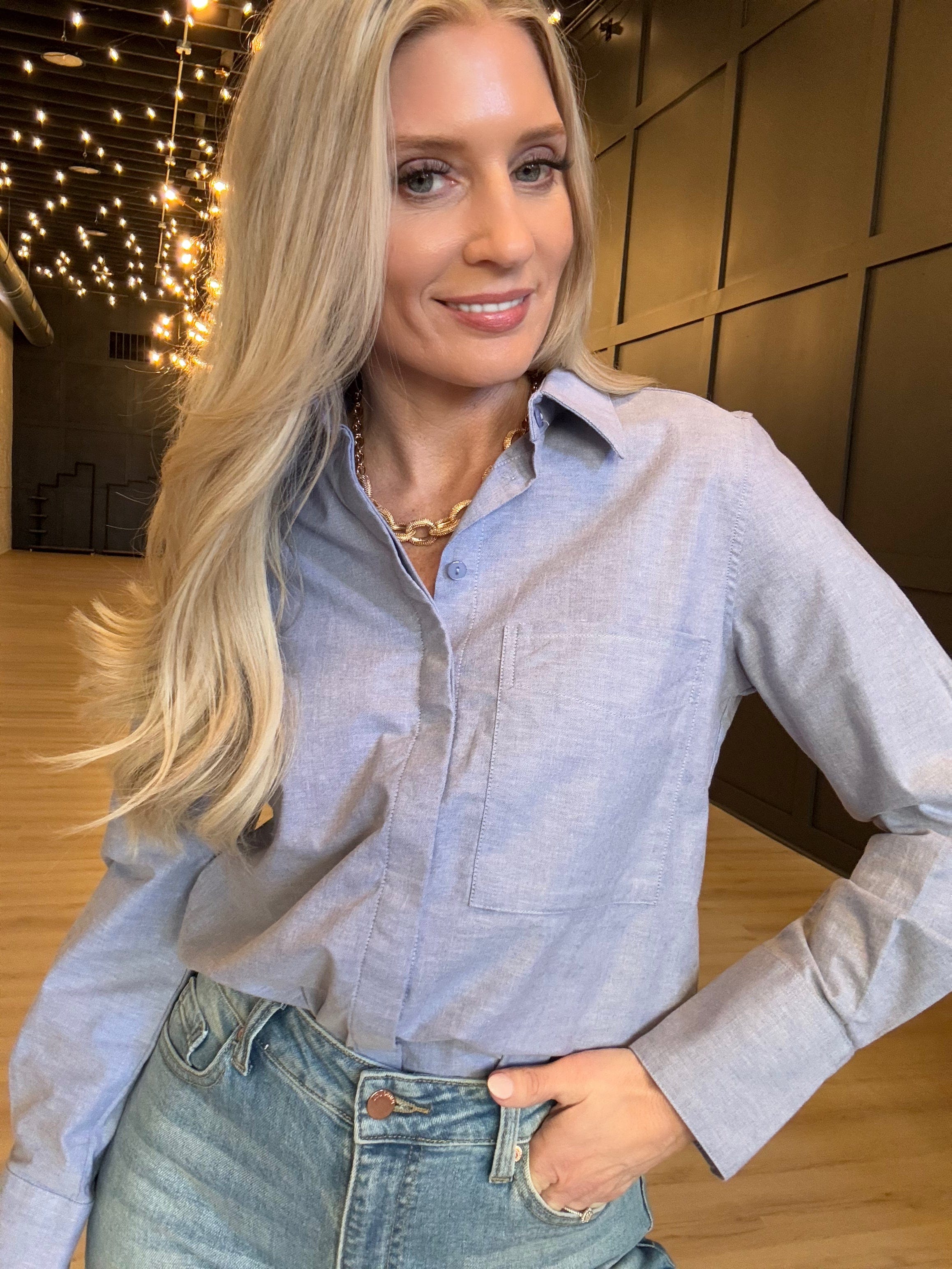 Hancock Austin Relaxed Button Down Bodysuit In Oxford Blue - Infinity Raine