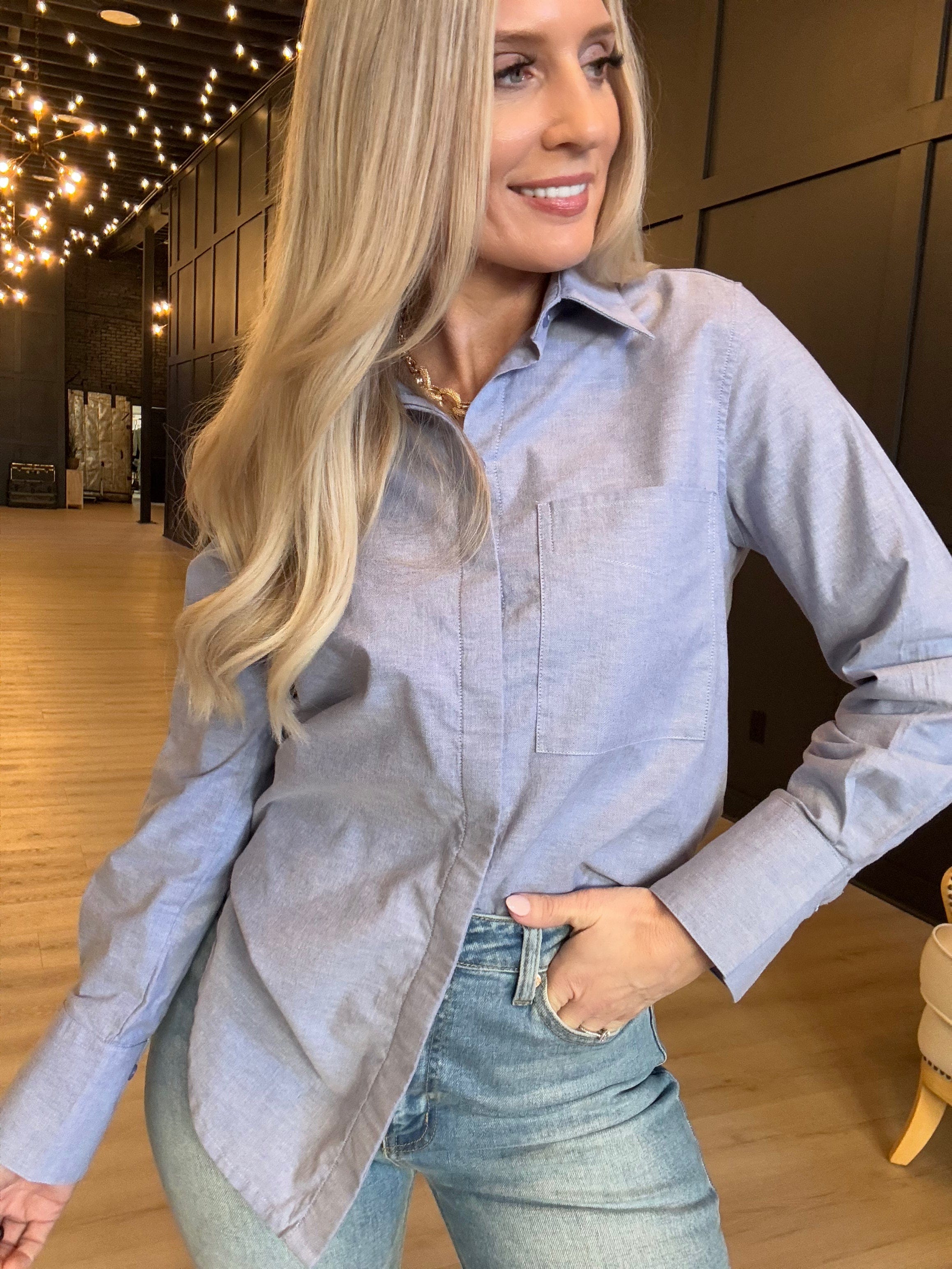 Hancock McKinney Untucked Button Down Bodysuit In Oxford Blue - Infinity Raine