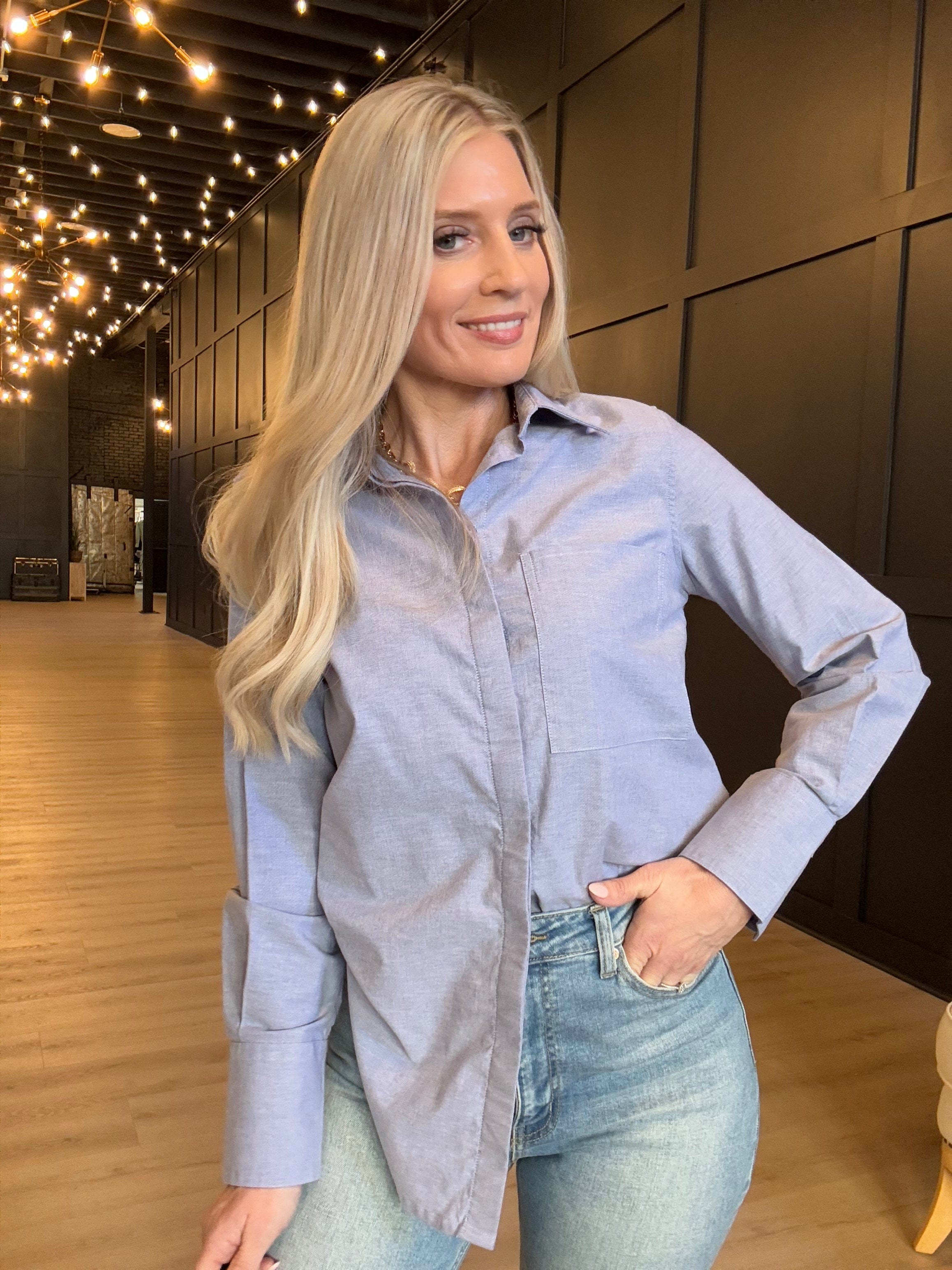 Hancock McKinney Untucked Button Down Bodysuit In Oxford Blue - Infinity Raine