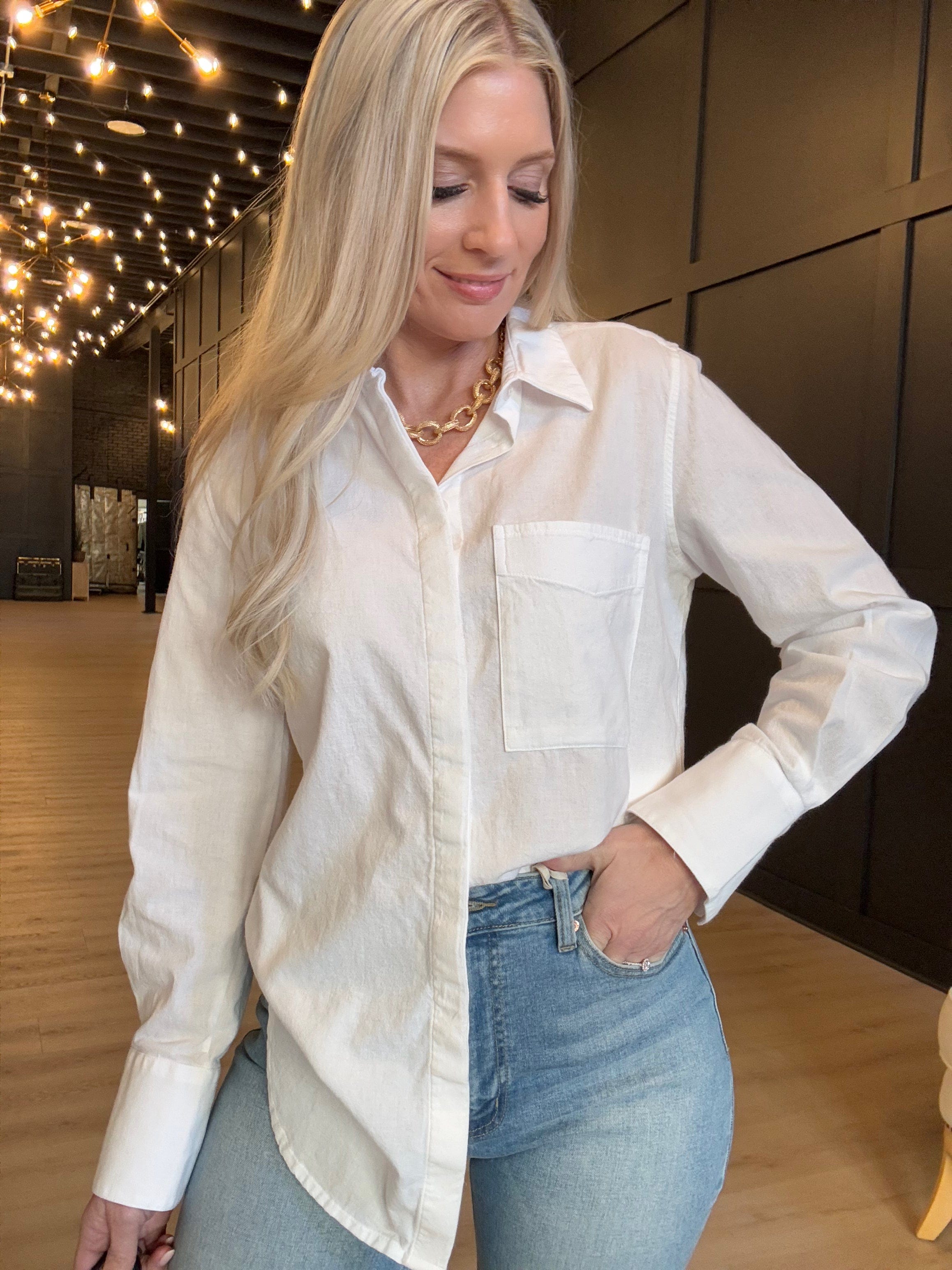 Hancock McKinney Untucked Button Down Bodysuit In Tocuyo White - Infinity Raine