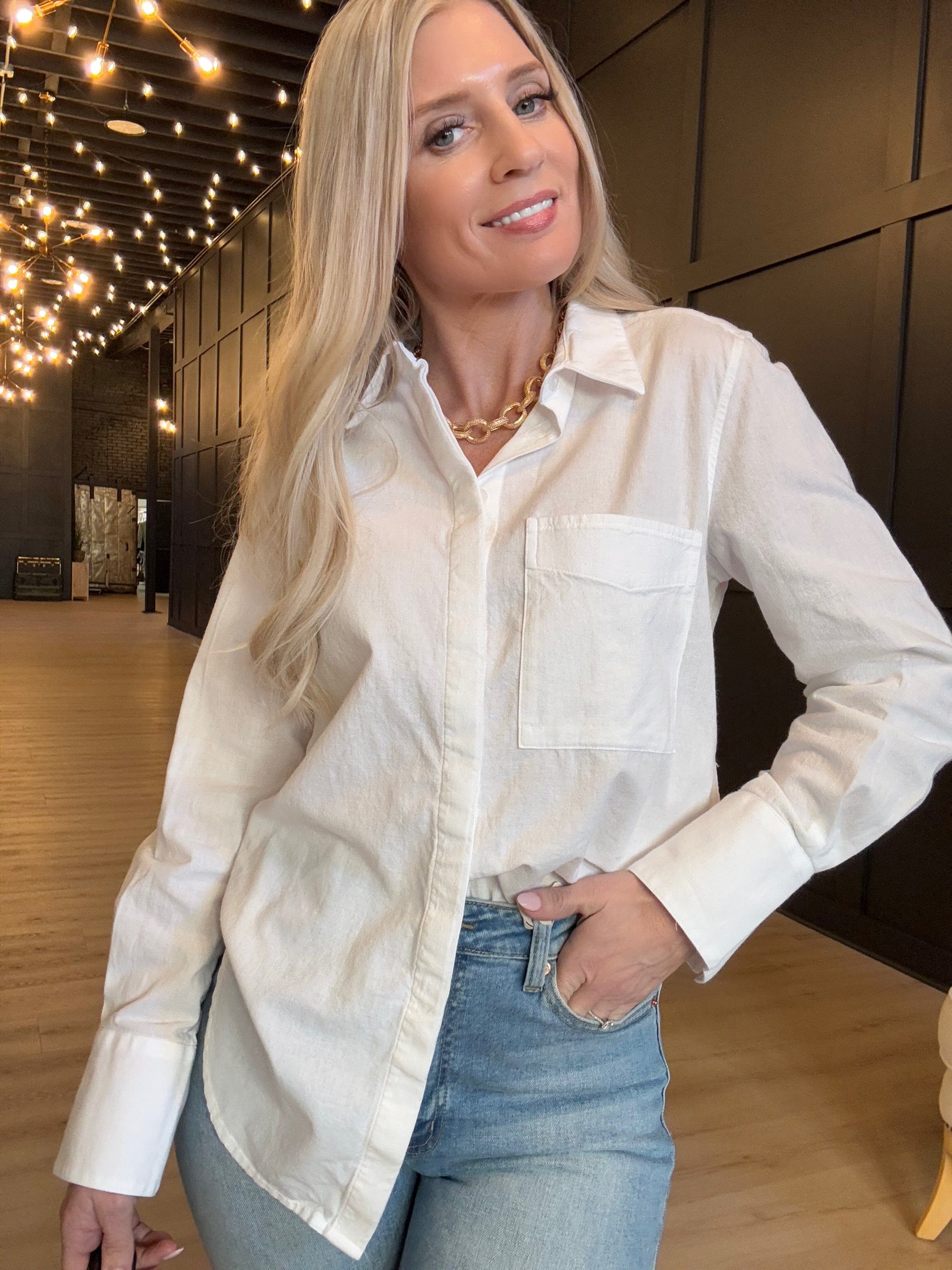 Hancock McKinney Untucked Button Down Bodysuit In Tocuyo White - Infinity Raine