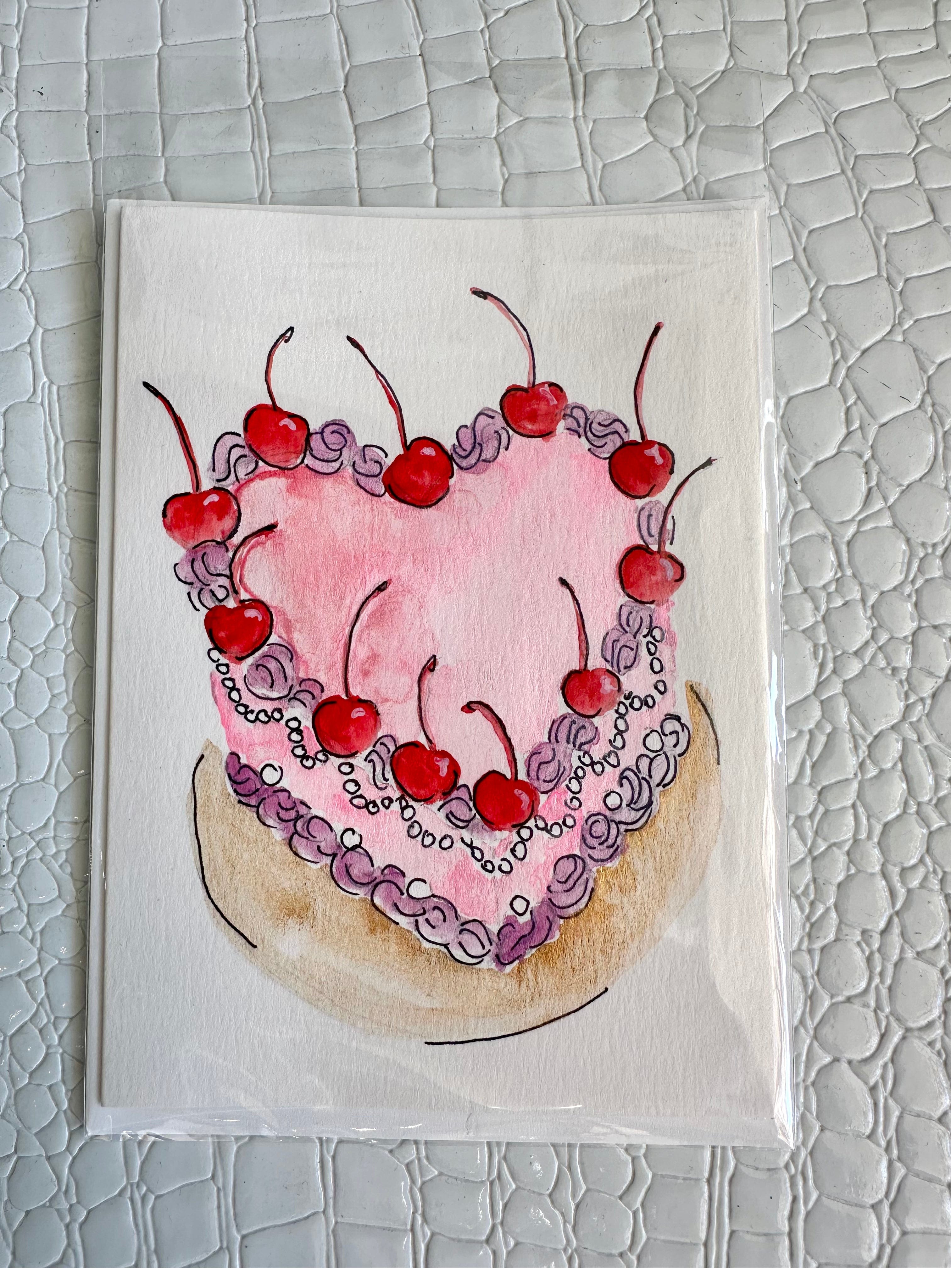 Hand Painted Cherry Heart Cake Card - Infinity Raine