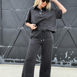 Mineral Washed Wide Leg Pants In Black - Infinity Raine