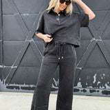 Mineral Washed Wide Leg Pants In Black - Infinity Raine