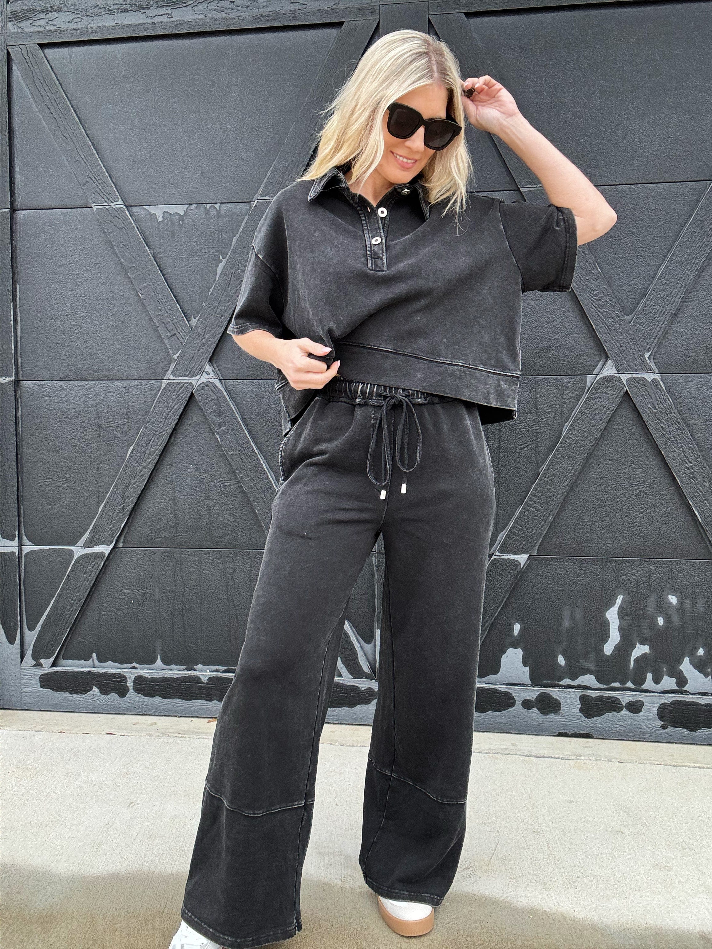 Mineral Washed Wide Leg Pants In Black - Infinity Raine