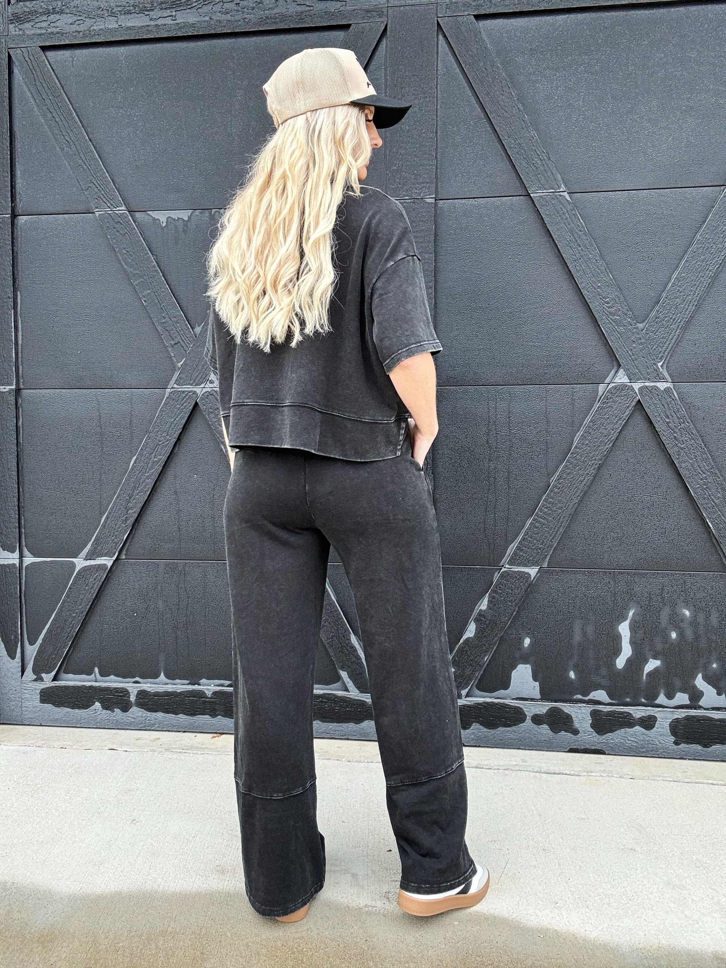 Mineral Washed Wide Leg Pants In Black - Infinity Raine