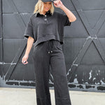 Mineral Washed Wide Leg Pants In Black - Infinity Raine