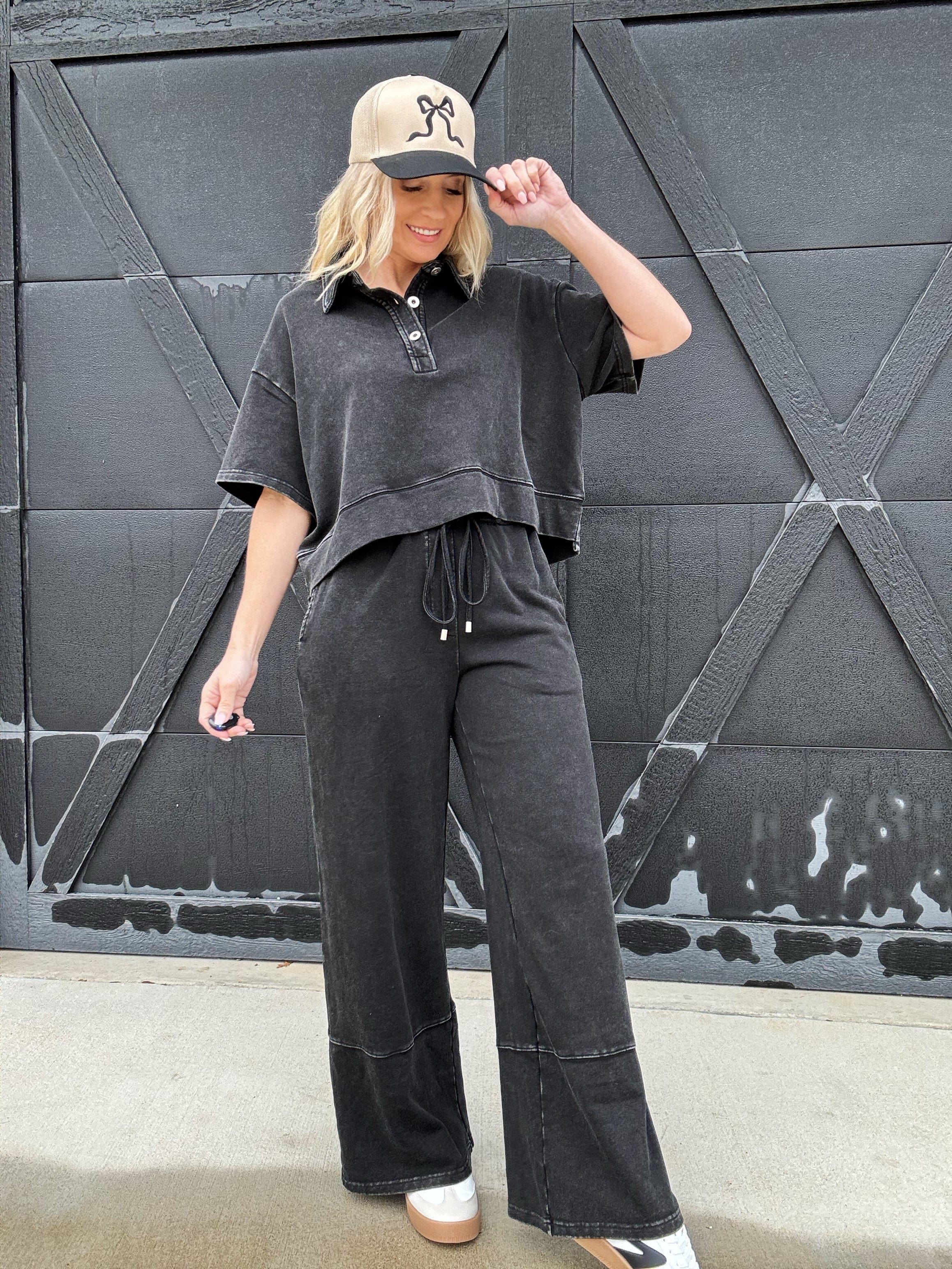 Mineral Washed Wide Leg Pants In Black - Infinity Raine