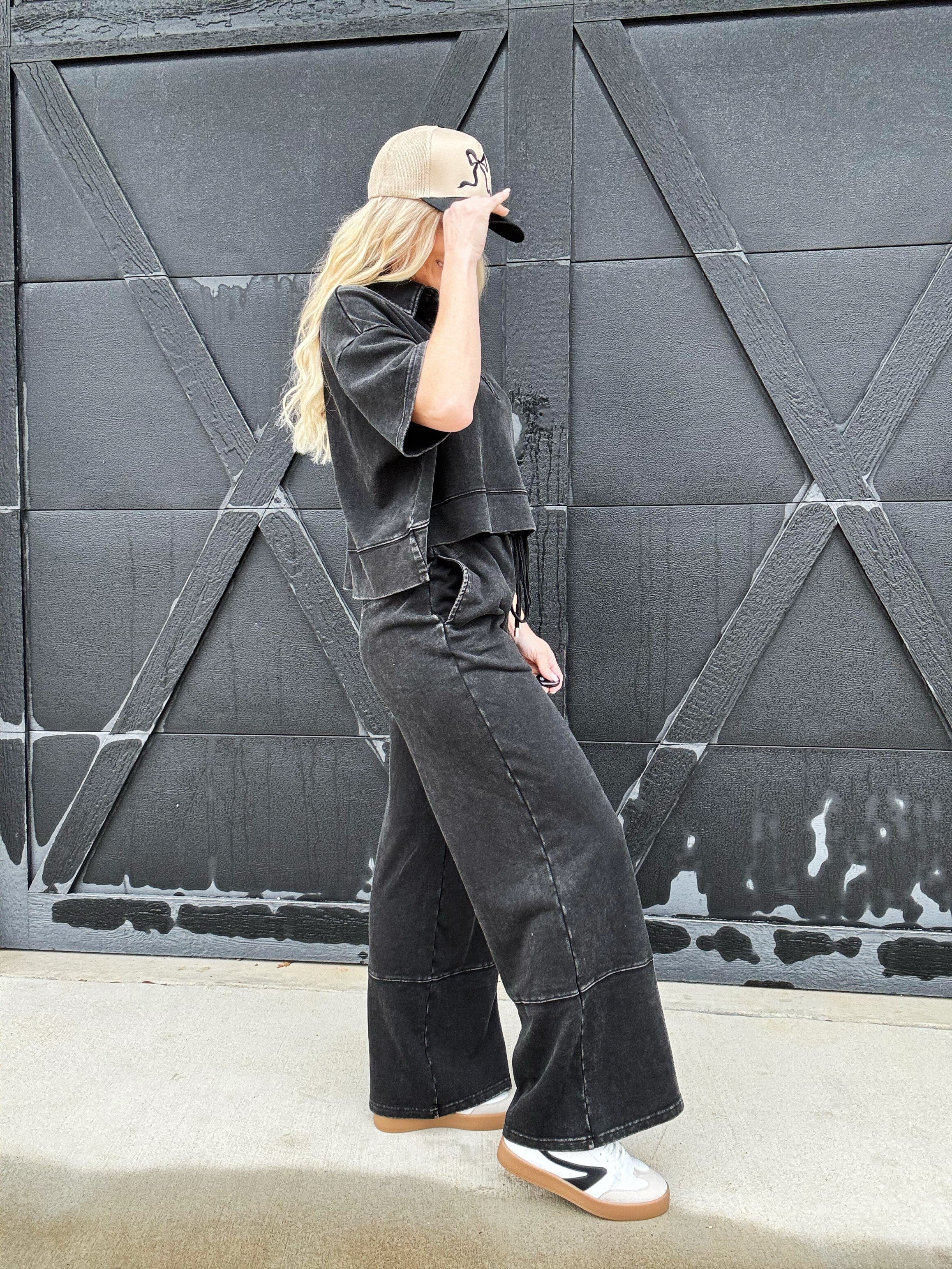 Mineral Washed Wide Leg Pants In Black - Infinity Raine