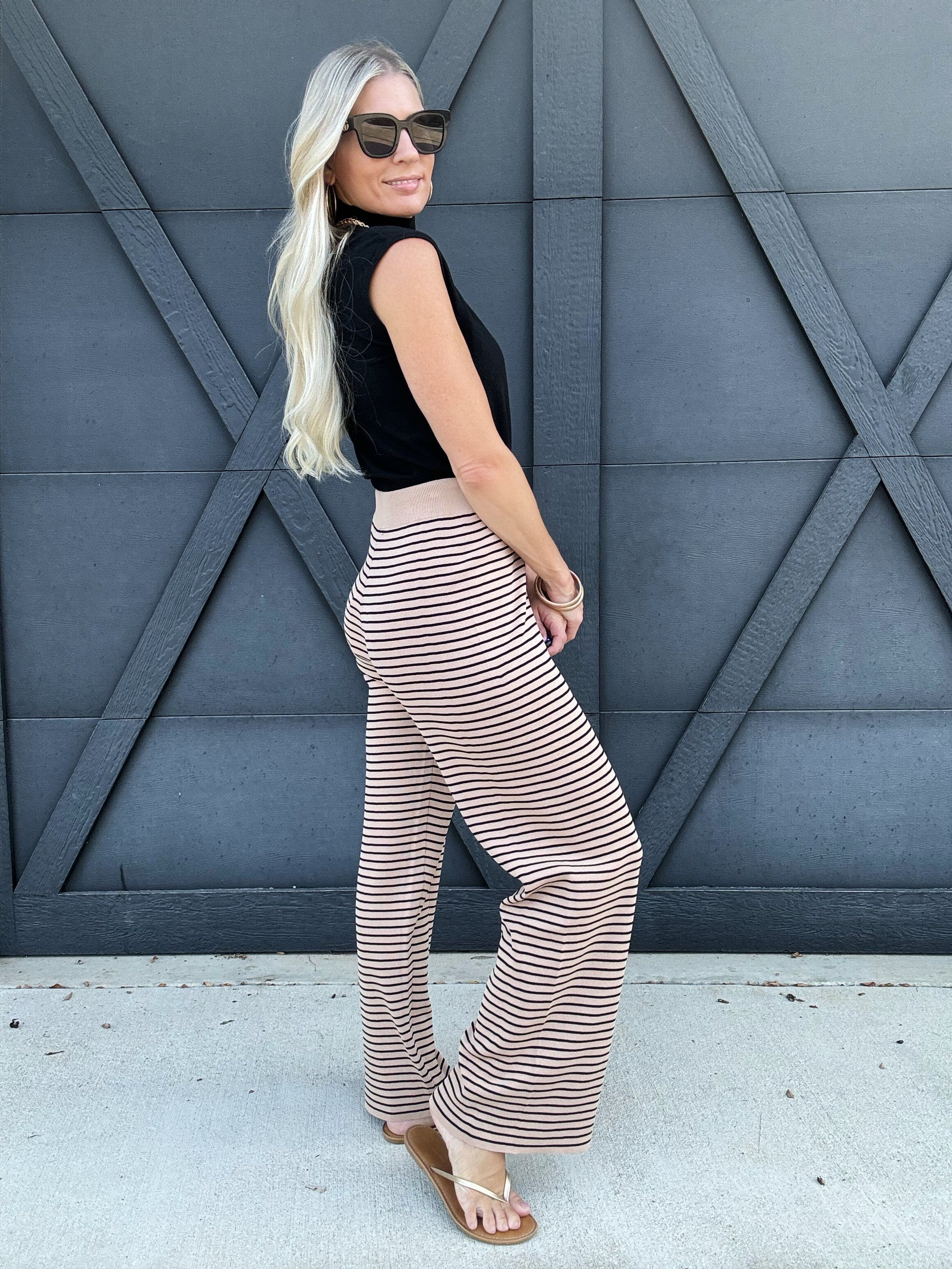 Stripe Knit Banding Pants In Taupe - Infinity Raine