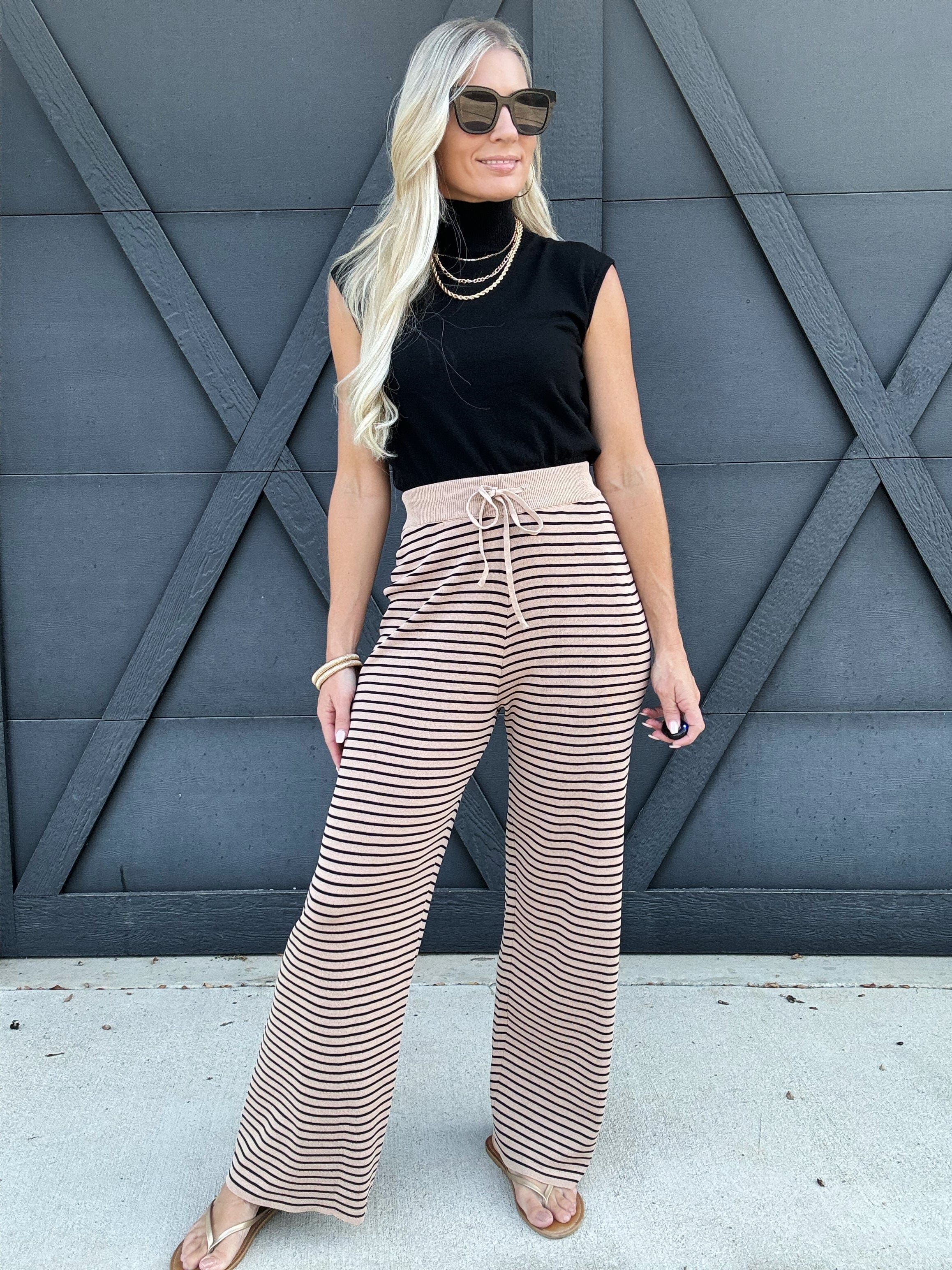 Stripe Knit Banding Pants In Taupe - Infinity Raine