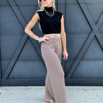 Stripe Knit Banding Pants In Taupe - Infinity Raine