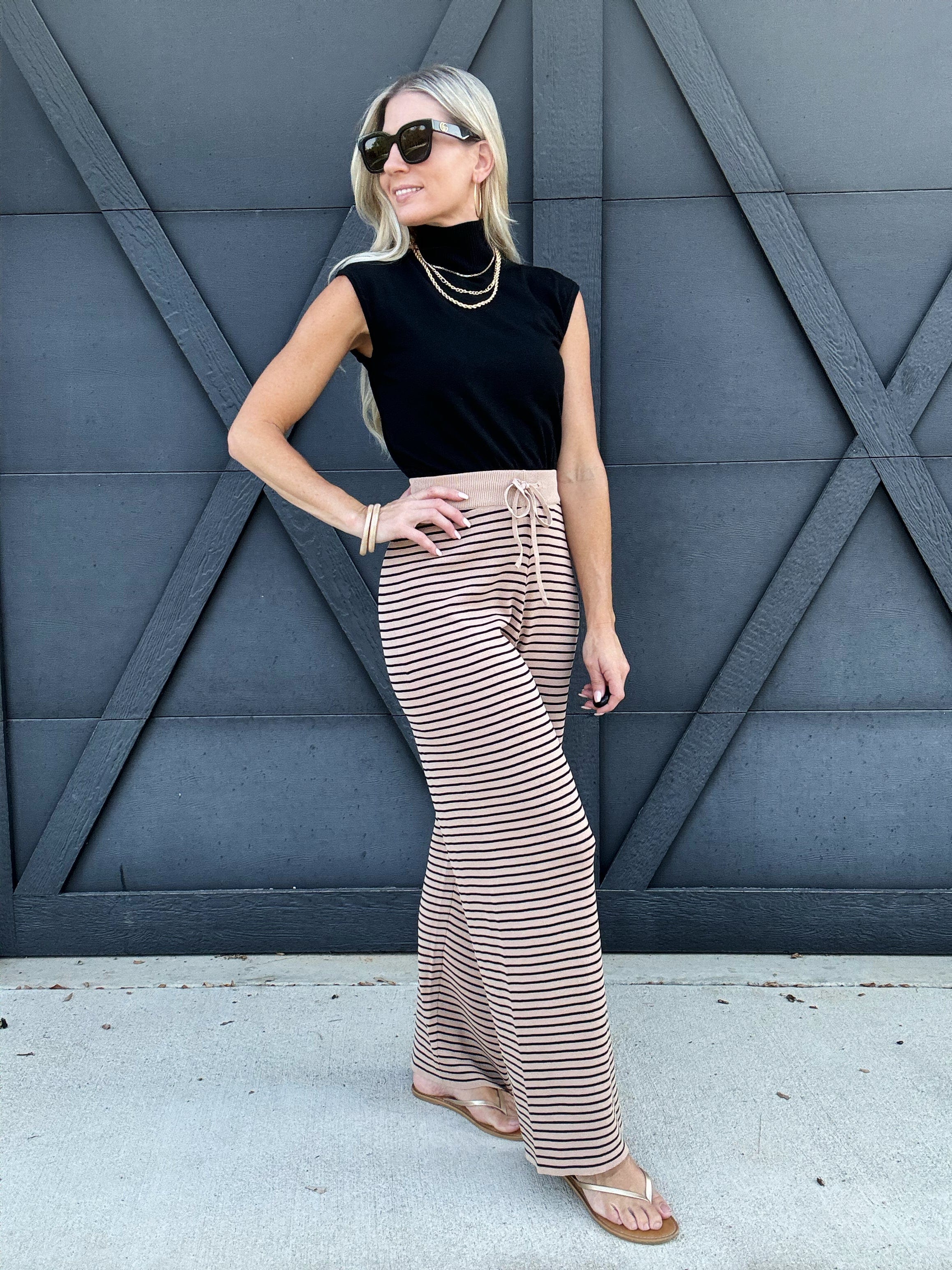 Stripe Knit Banding Pants In Taupe - Infinity Raine