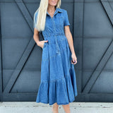 Long Denim Dress With Lapel Collar - Infinity Raine