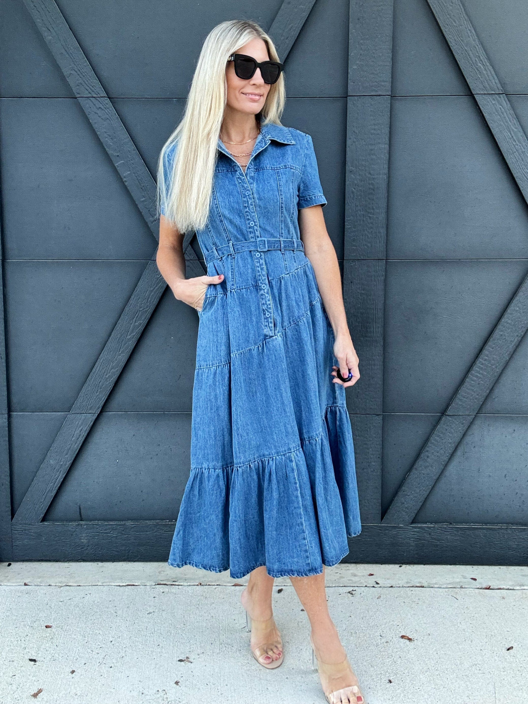 Long Denim Dress With Lapel Collar - Infinity Raine