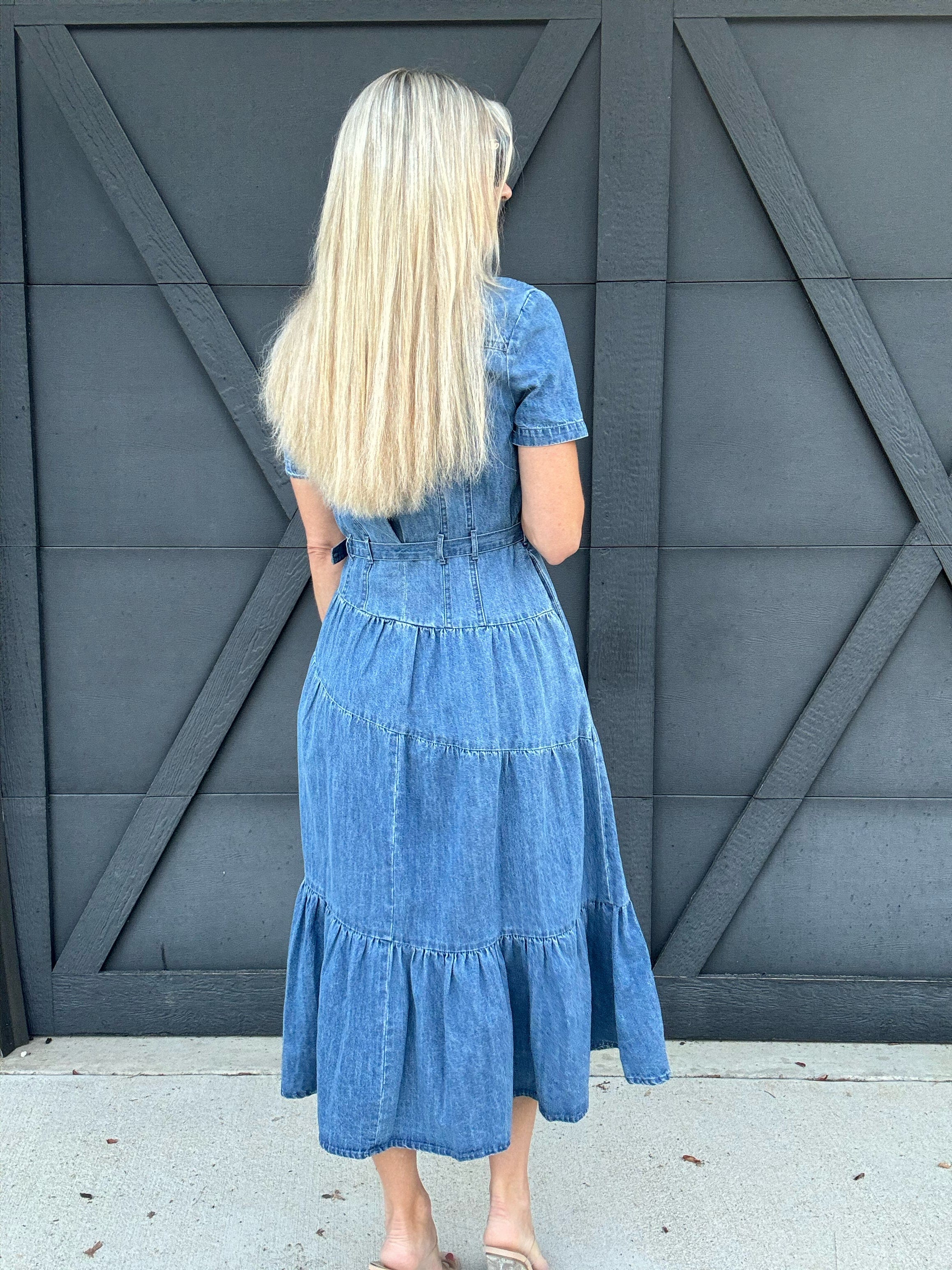 Long Denim Dress With Lapel Collar - Infinity Raine