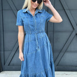 Long Denim Dress With Lapel Collar - Infinity Raine