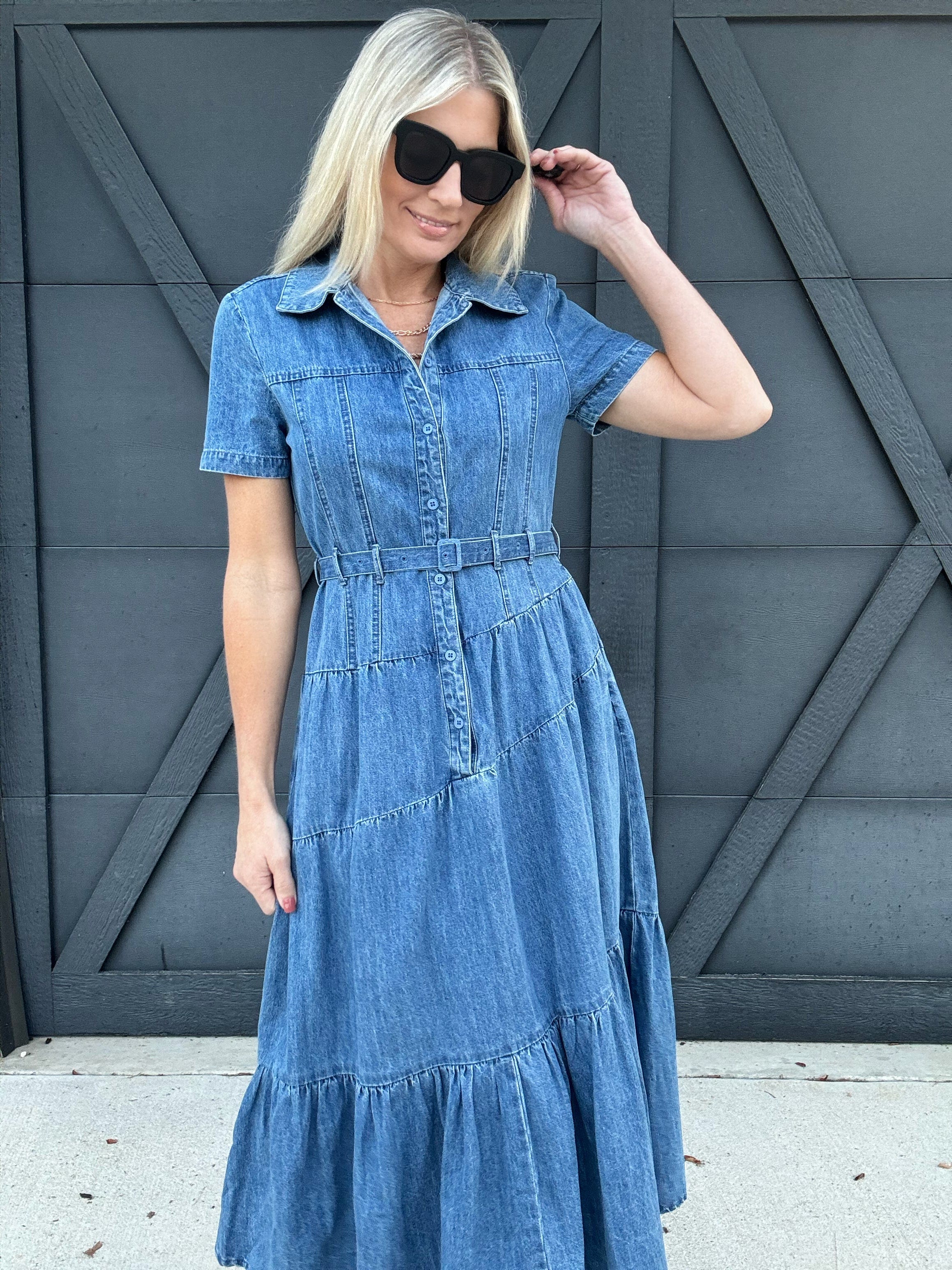 Long Denim Dress With Lapel Collar - Infinity Raine