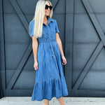 Long Denim Dress With Lapel Collar - Infinity Raine