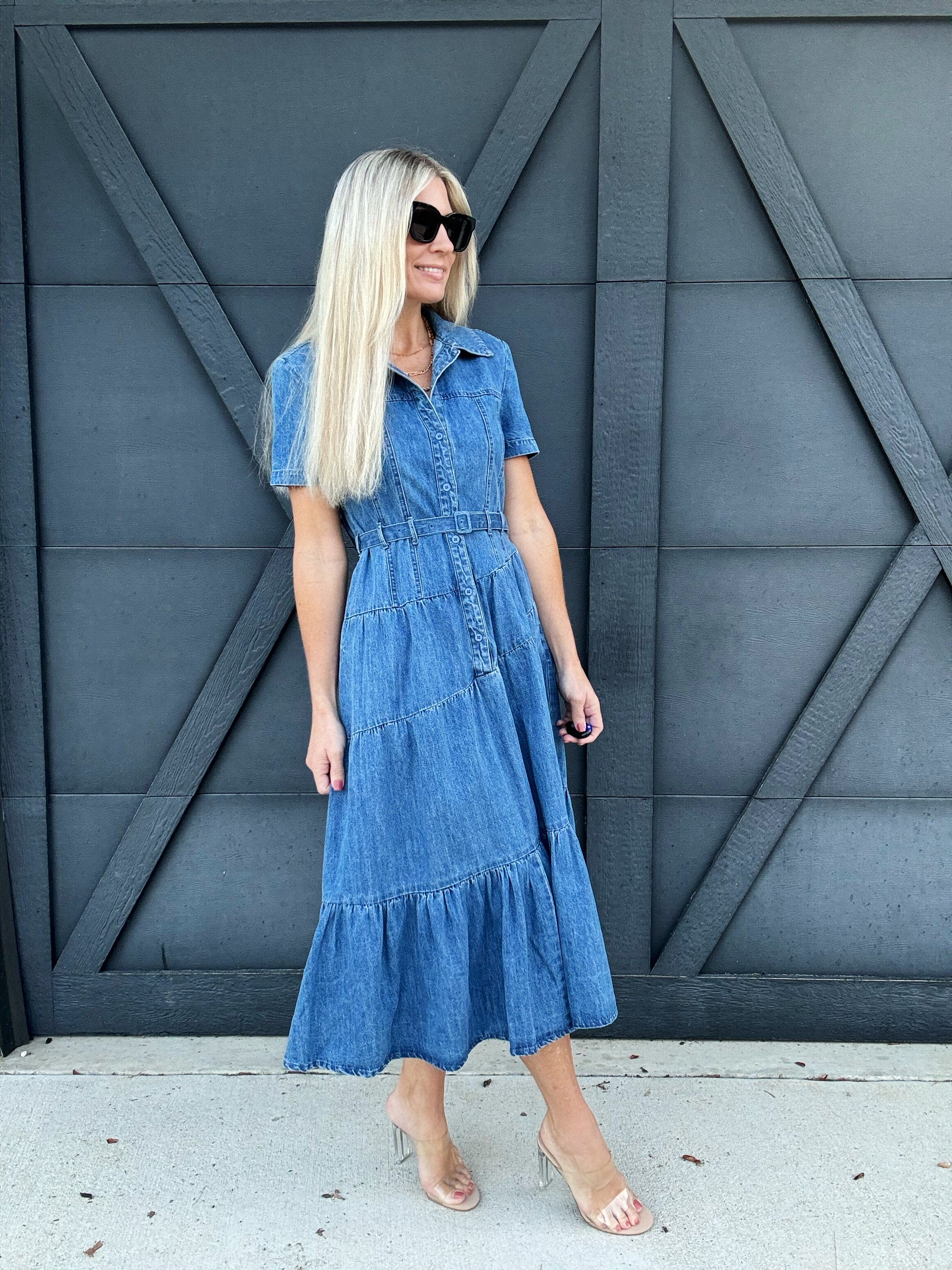 Long Denim Dress With Lapel Collar - Infinity Raine