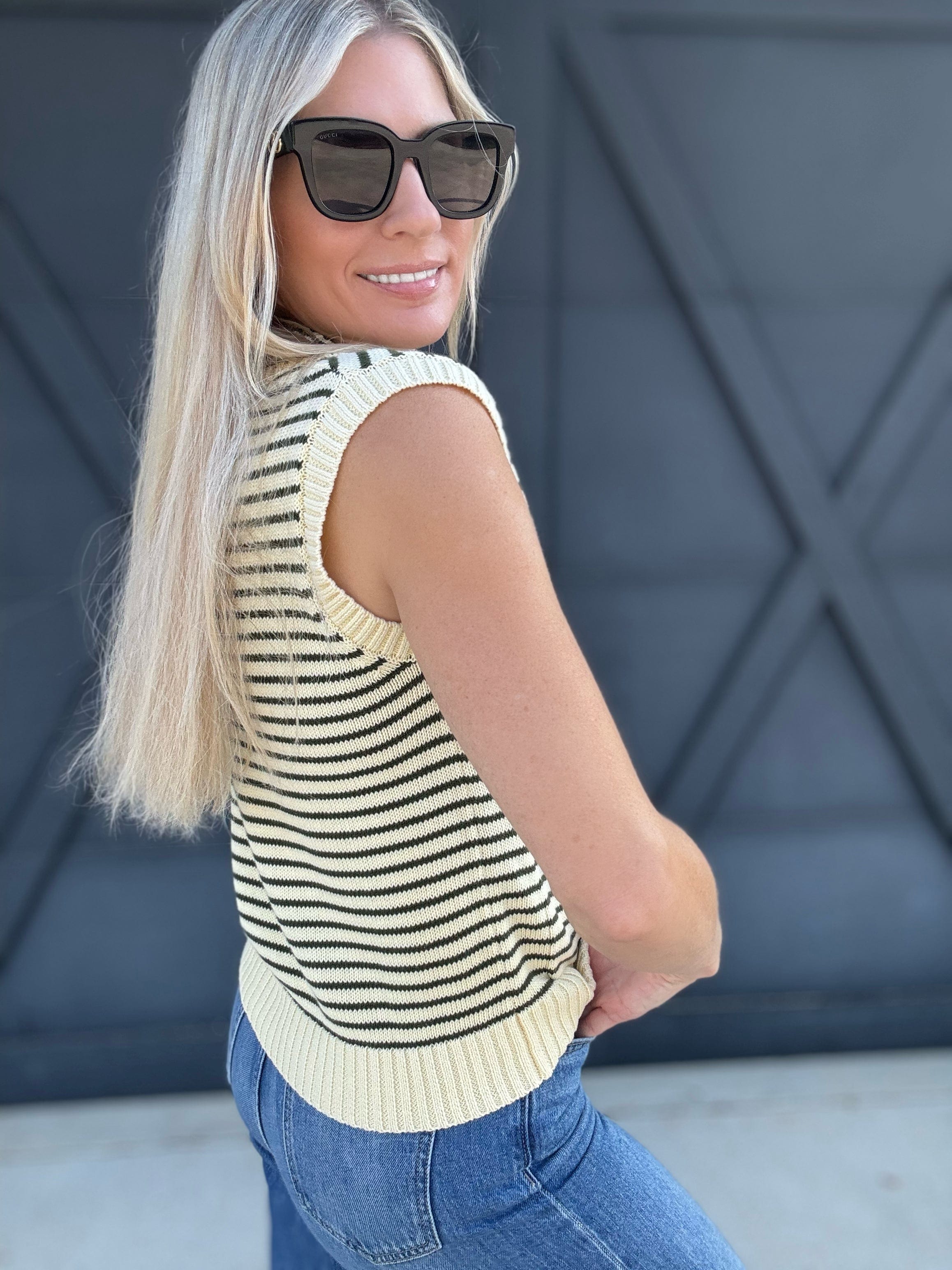 Striped Sleeveless Knit Top In Olive - Infinity Raine