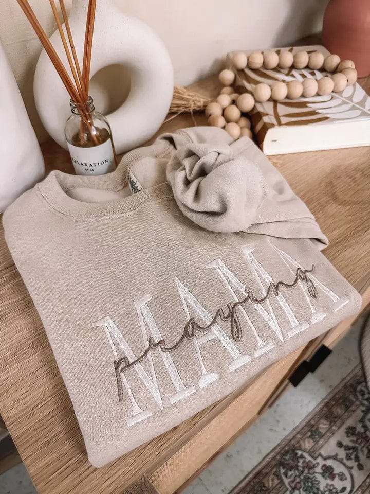 Embroidered Praying Mama Sweatshirt In Sand - Infinity Raine