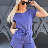 Cap Sleeve Drawstring Waist Romper In Blue - Infinity Raine