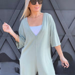 Casual V-Back Short Sleeve Romper In Sage - Infinity Raine