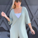 Casual V-Back Short Sleeve Romper In Sage - Infinity Raine