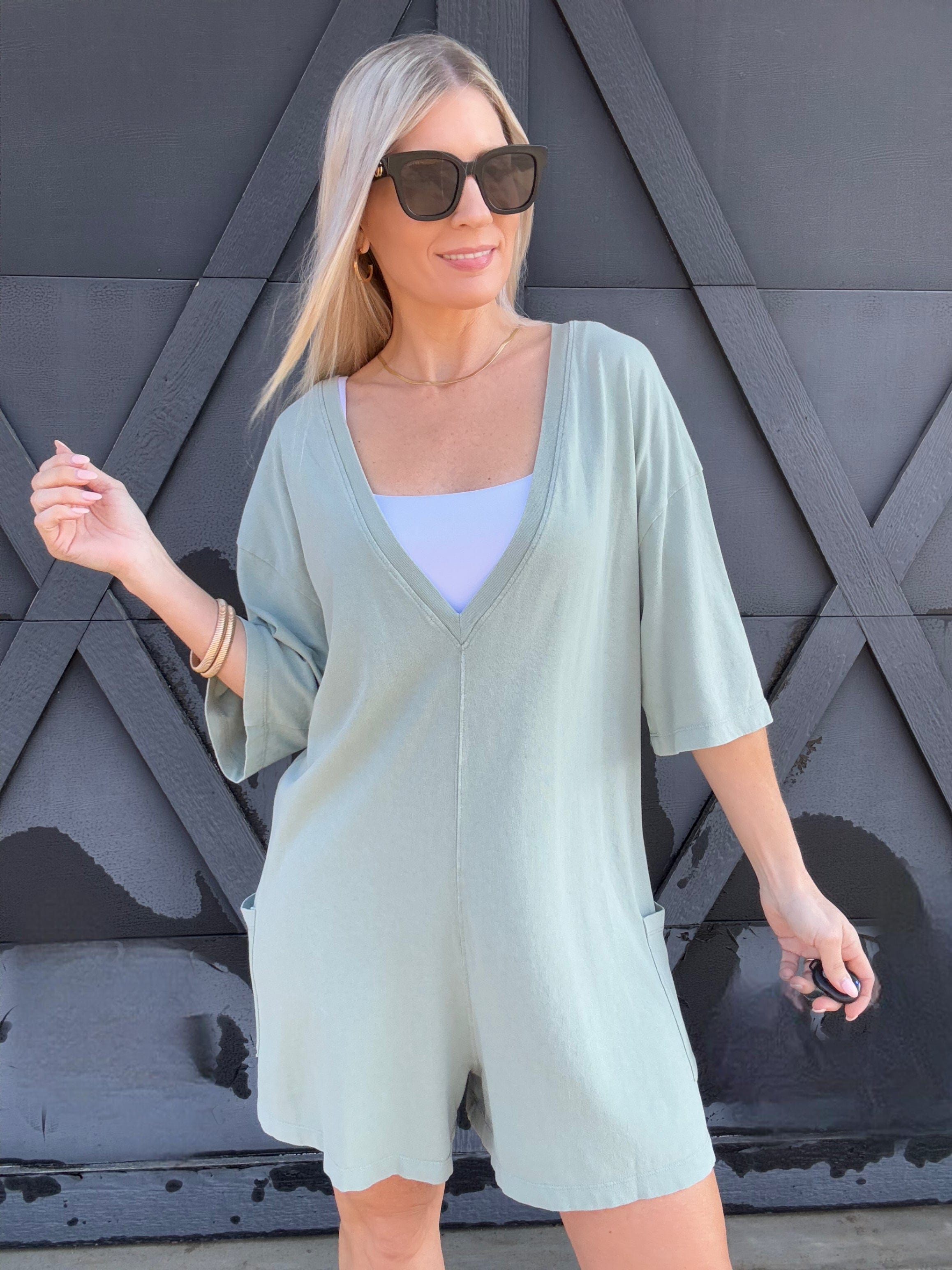 Casual V-Back Short Sleeve Romper In Sage - Infinity Raine