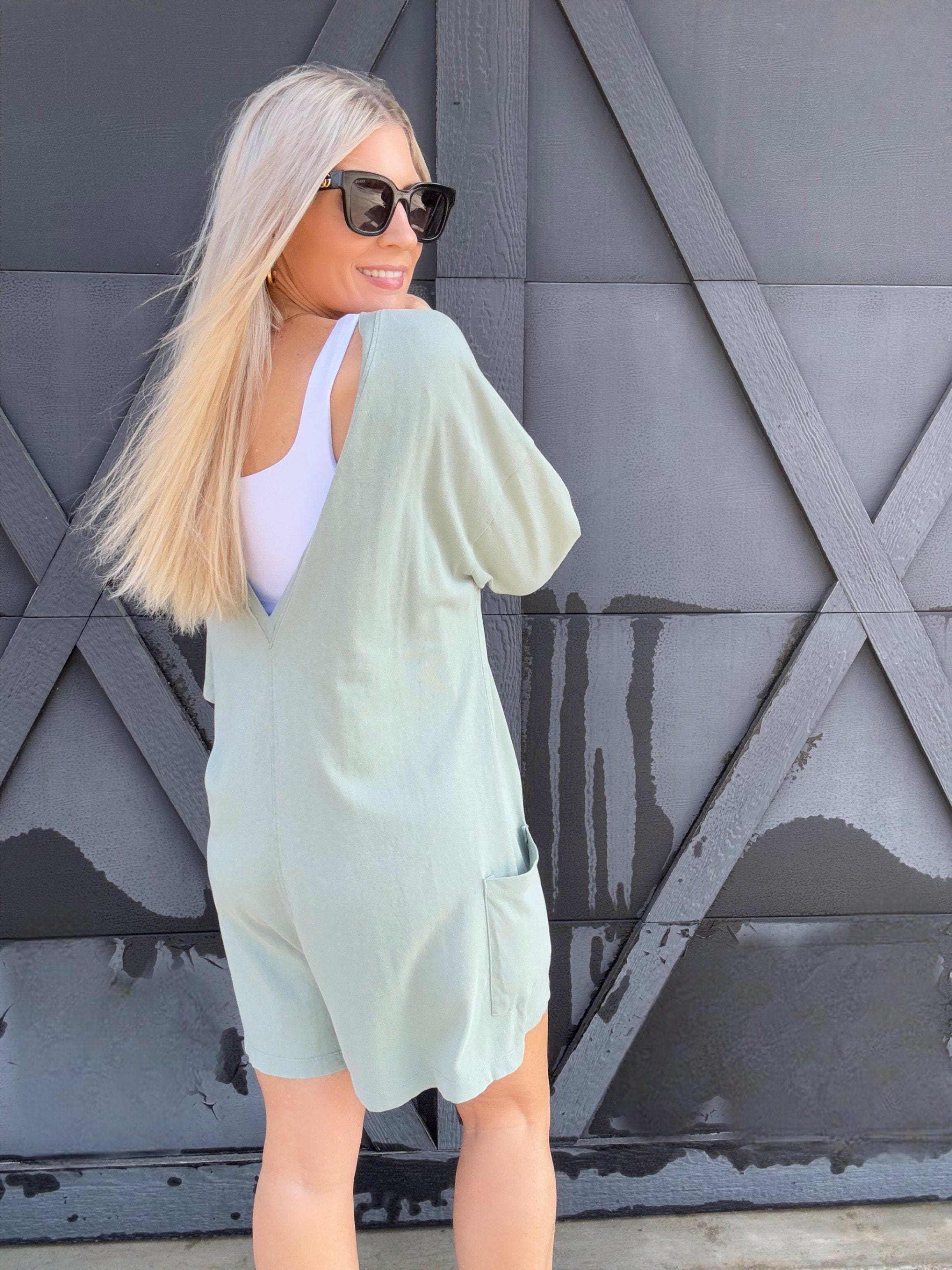 Casual V-Back Short Sleeve Romper In Sage - Infinity Raine