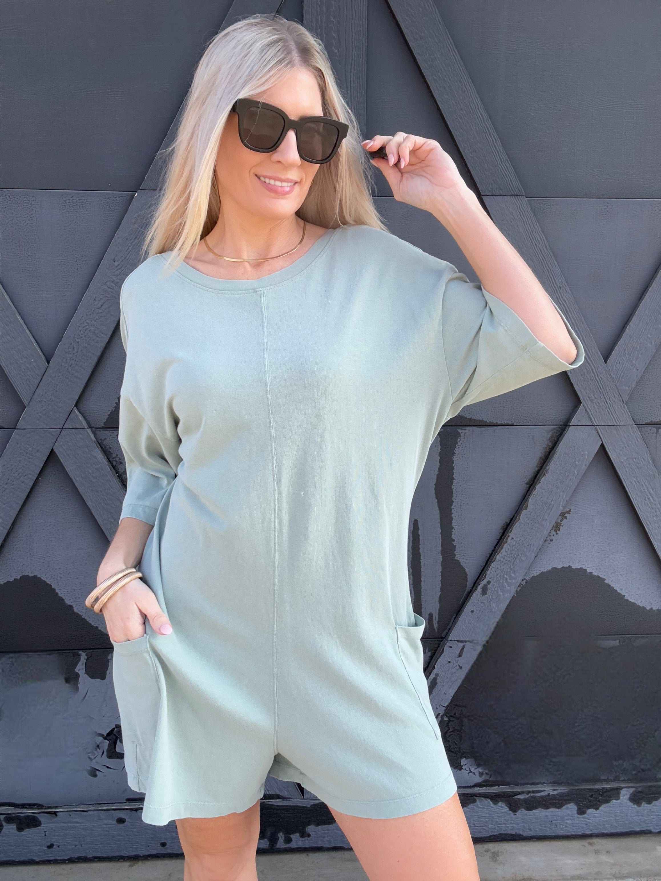 Casual V-Back Short Sleeve Romper In Sage - Infinity Raine