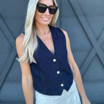 Button Down Washed Denim Vest In Indigo - Infinity Raine