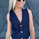 Button Down Washed Denim Vest In Indigo - Infinity Raine