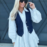 Button Down Washed Denim Vest In Indigo - Infinity Raine