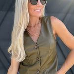 Leather Button-Front Vest In Dark Olive - Infinity Raine