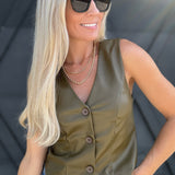 Leather Button-Front Vest In Dark Olive - Infinity Raine