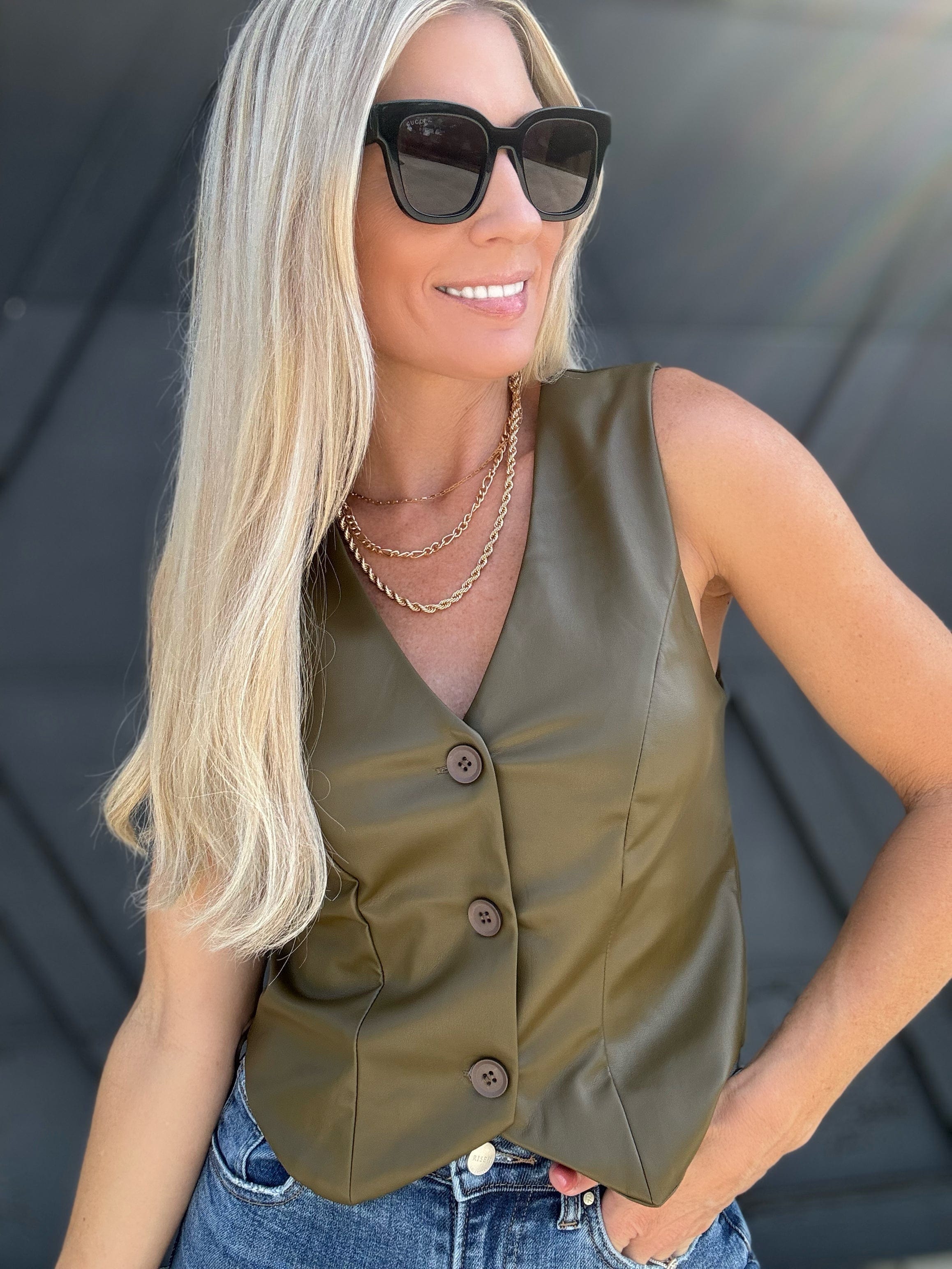 Leather Button-Front Vest In Dark Olive - Infinity Raine