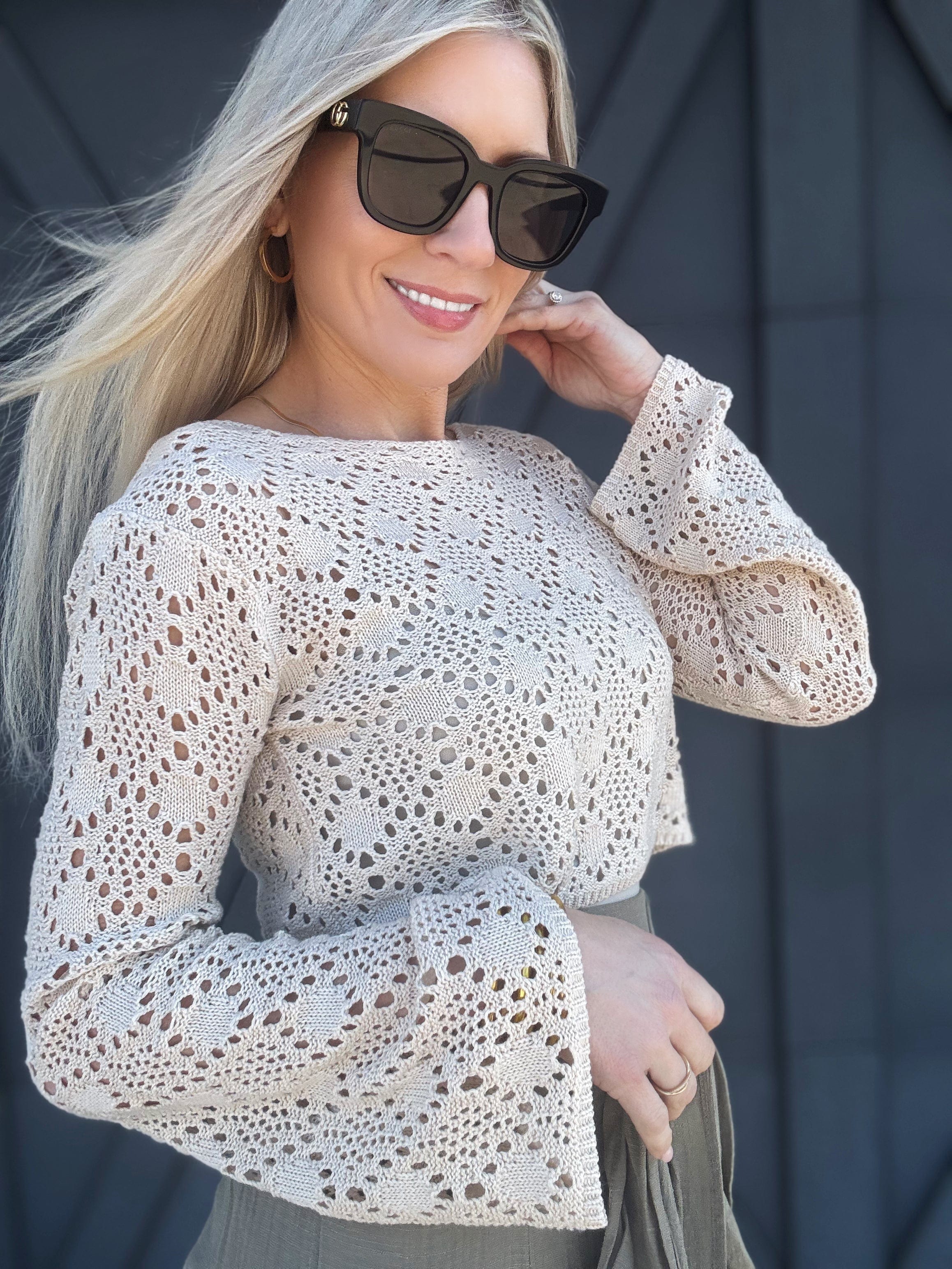 HYFVE Inc. Tops - Sweaters Crochet Long-sleeved Crop Top in Beige