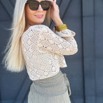 HYFVE Inc. Tops - Sweaters Crochet Long-sleeved Crop Top in Beige