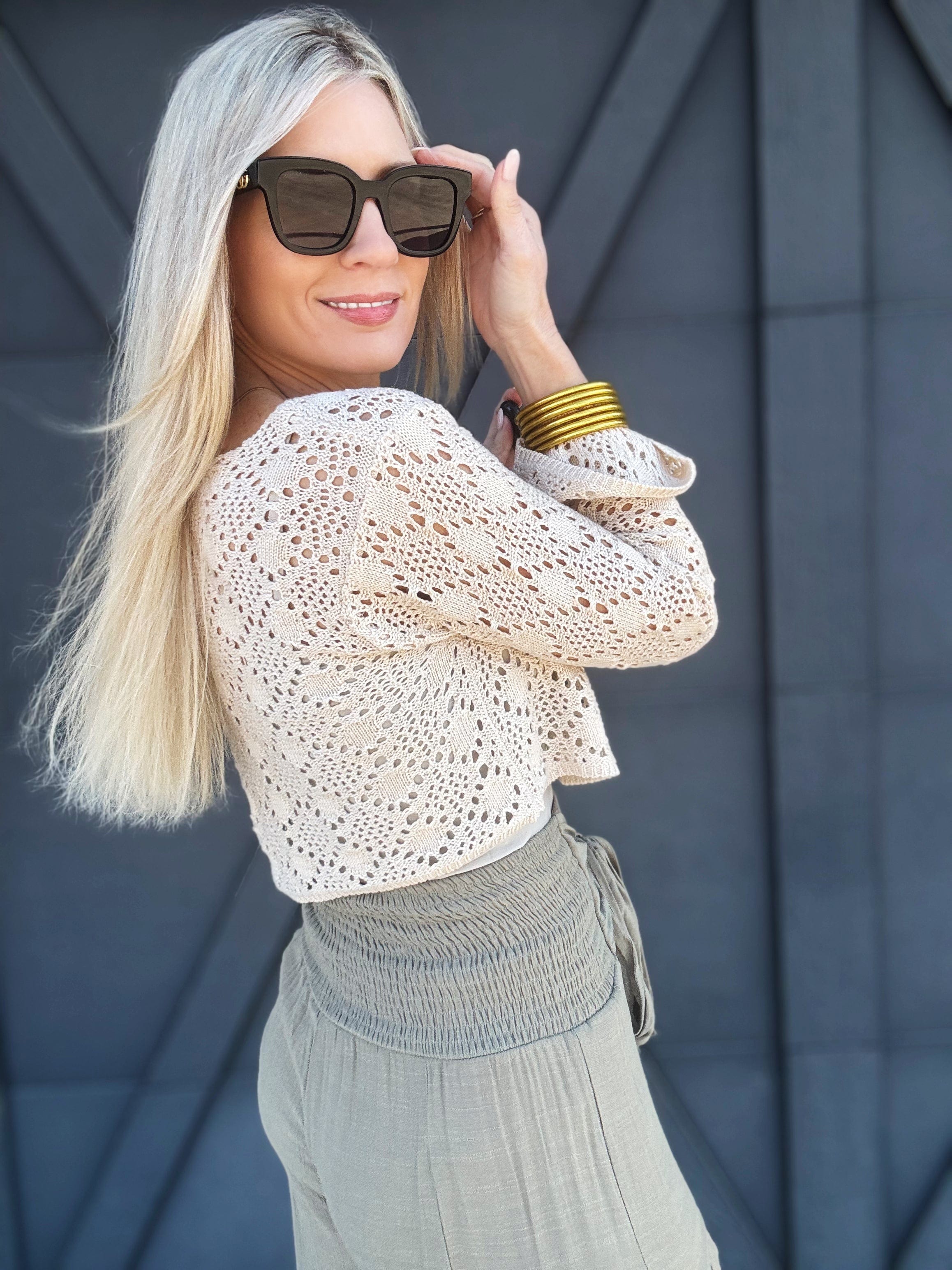 HYFVE Inc. Tops - Sweaters Crochet Long-sleeved Crop Top in Beige