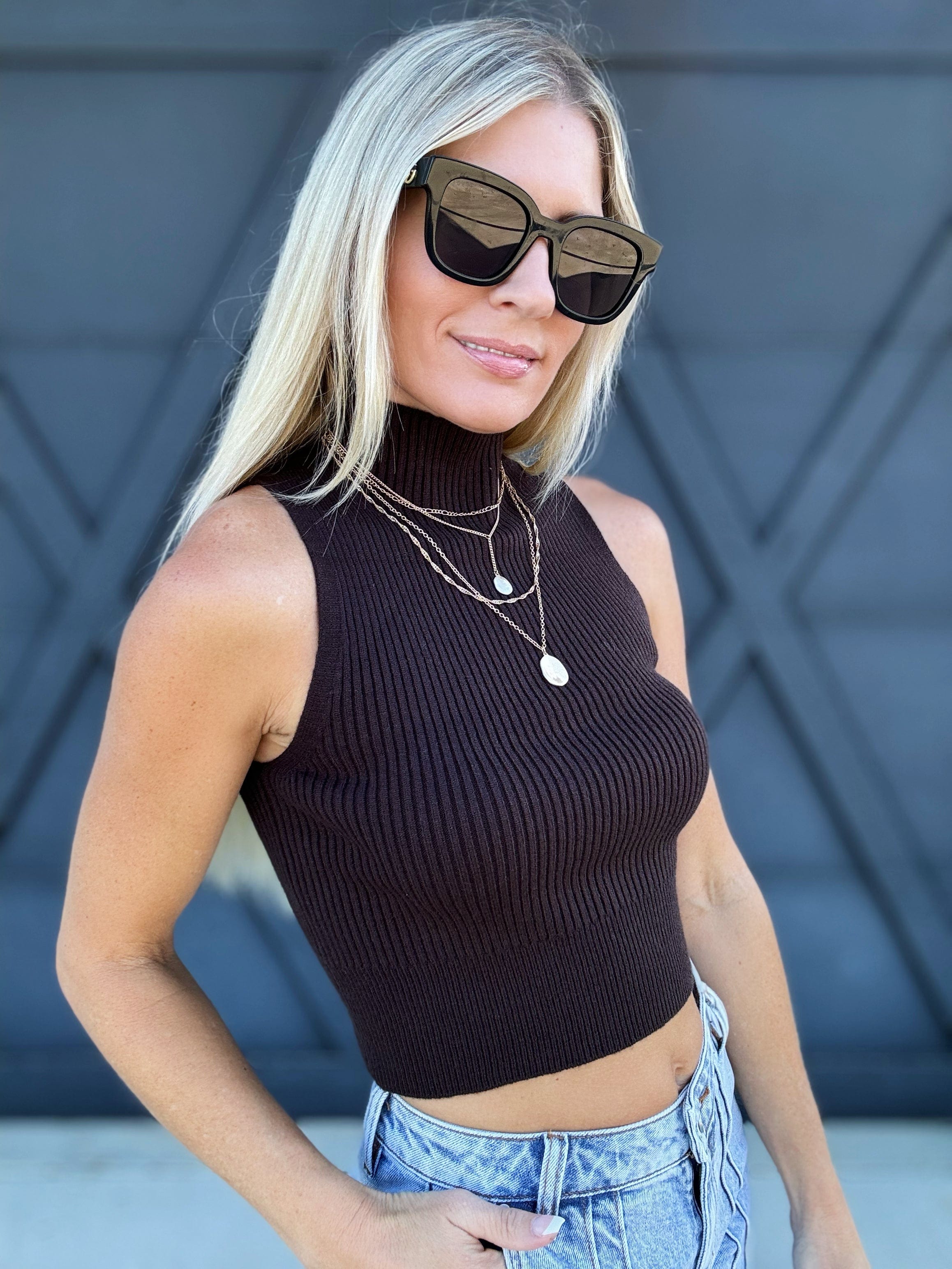 Ribbed High Neck Sleeveless Knit Crop Top In Espresso - Infinity Raine