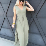 Curved Hem V-Neck Jumpsuit In Olive - Infinity Raine