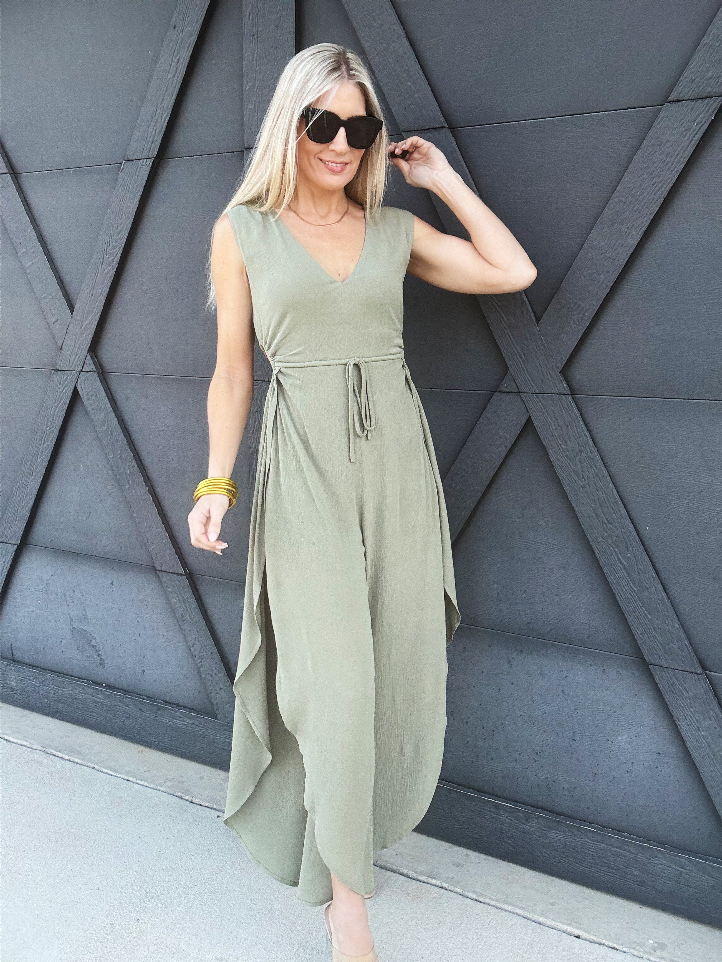 Curved Hem V-Neck Jumpsuit In Olive - Infinity Raine