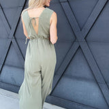 Curved Hem V-Neck Jumpsuit In Olive - Infinity Raine