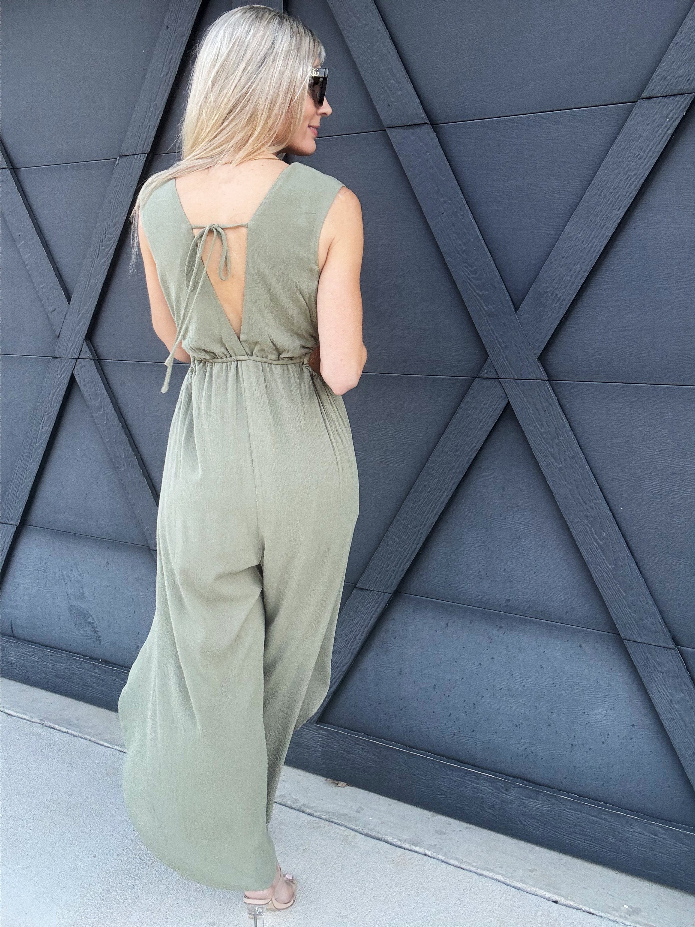 Curved Hem V-Neck Jumpsuit In Olive - Infinity Raine