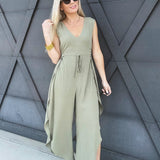 Curved Hem V-Neck Jumpsuit In Olive - Infinity Raine