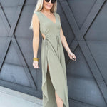 Curved Hem V-Neck Jumpsuit In Olive - Infinity Raine