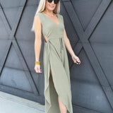 Curved Hem V-Neck Jumpsuit In Olive - Infinity Raine