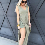 Curved Hem V-Neck Jumpsuit In Olive - Infinity Raine